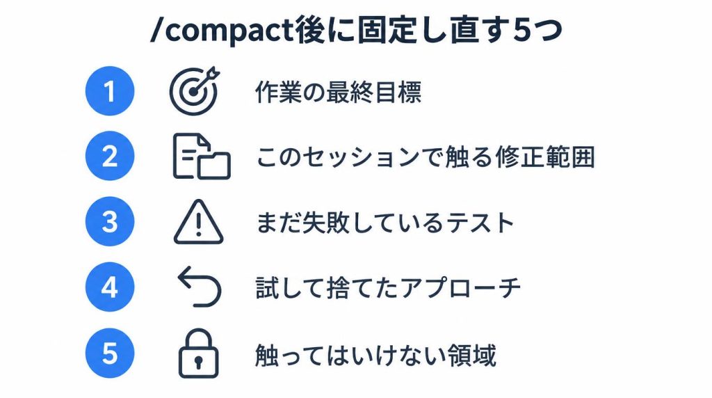/compact後に改めて伝える5項目（目標・修正範囲・失敗中のテスト・捨てたアプローチ・触らない領域）のチェックリスト