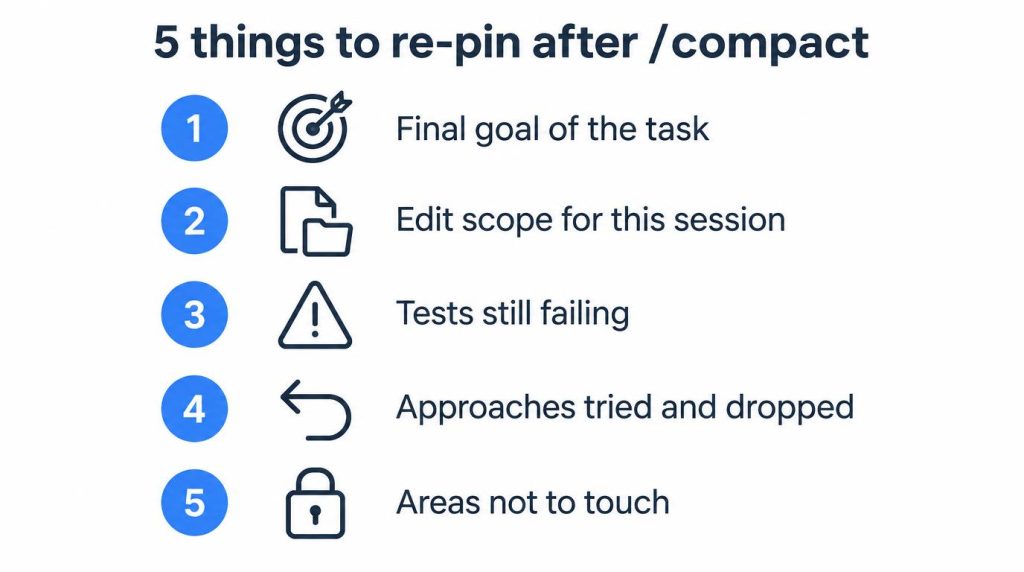 Checklist of five things to restate after /compact: goal, edit scope, failing tests, dropped approaches, and off-limits areas